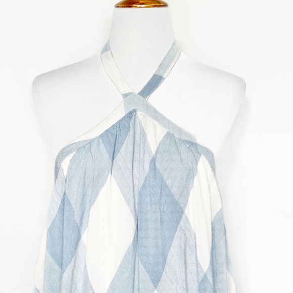 Tularosa Revolve Blue Checkered Plaid Pom Pom Halter Tie Neck Backless Dress - Picture 5 of 14